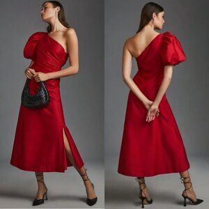 Aureta Studio Women's Red Puff Sleeve One-Shoulder Midi Dress Size S